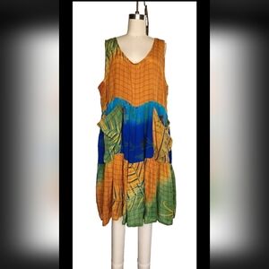 Kantha Bae Silk Dress Free Size Pockets Oversized Colorblock Lagenlook Boho NWT